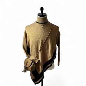 River Island Asymmetric Poncho Sweater Turtleneck Tan Black Colorblock Cozy Chic